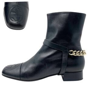 Gucci‎ Boots GG Logo Monogram Western Chain Black Leather Ankle Booties Shoe 6.5